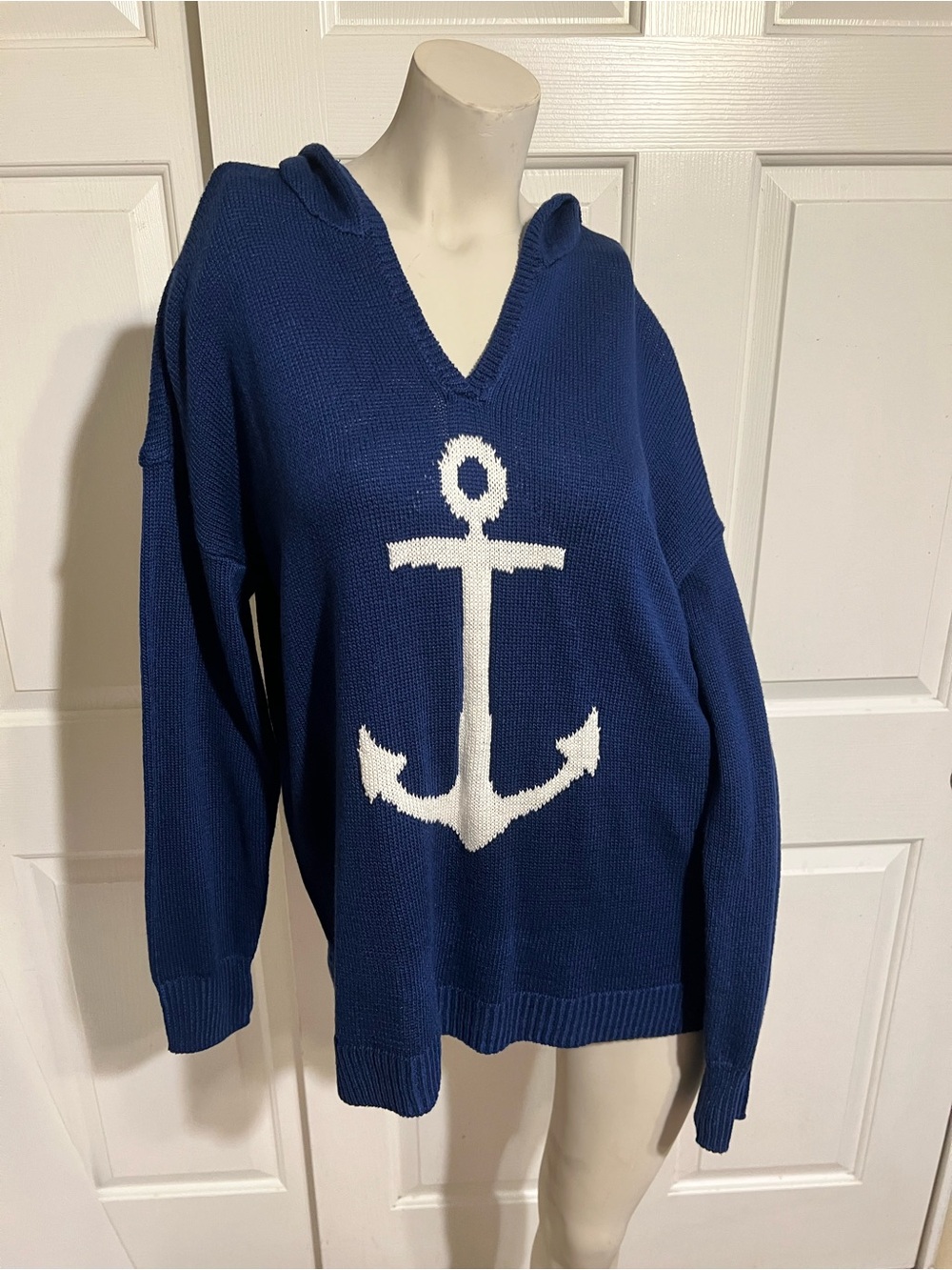Navy Blue Anchor Knit Hoodie Sweater